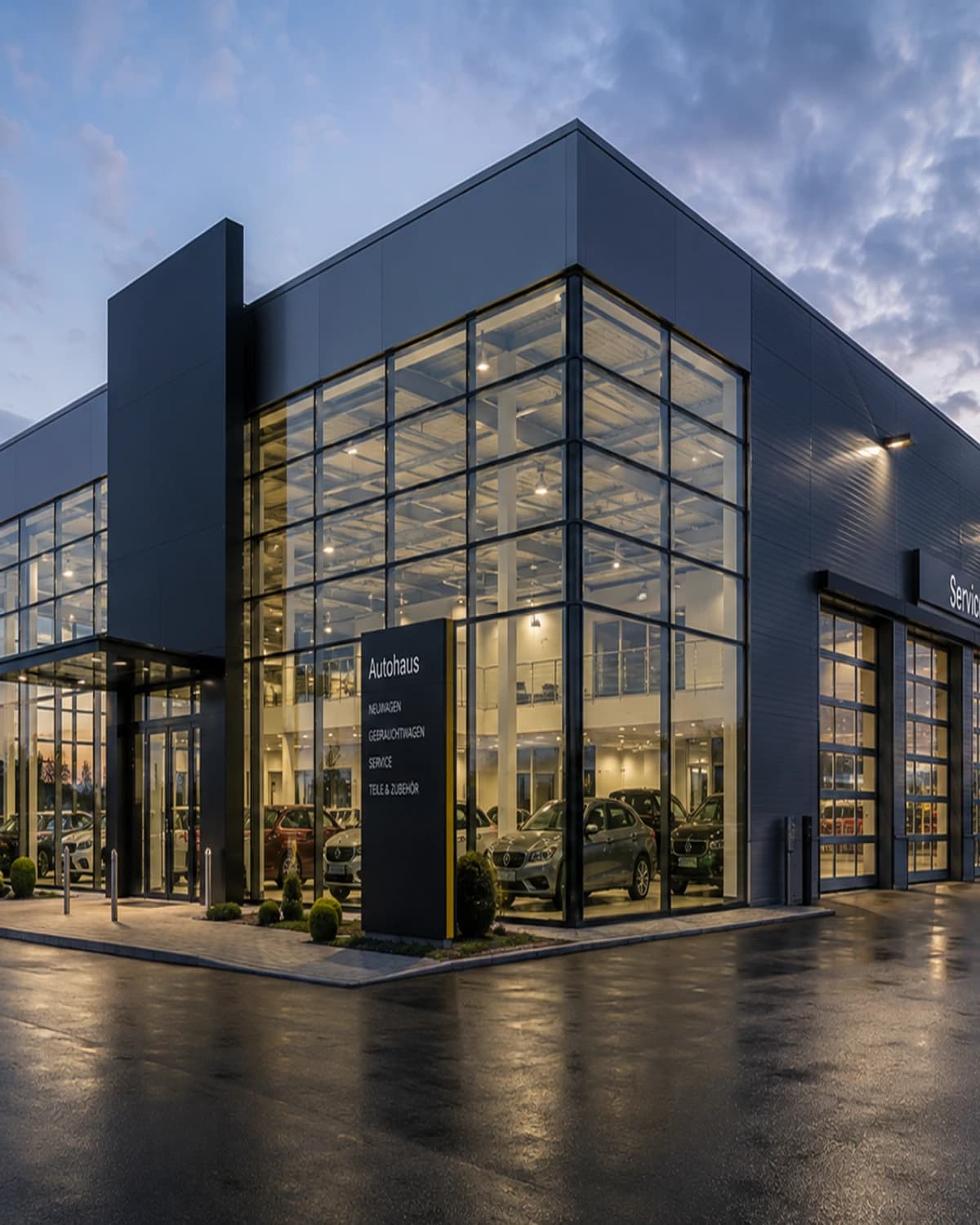Neutrales Autohaus mit Glas-Showroom, Service-Schild und Werkstattbereich in der Abenddämmerung — atmosphärische Darstellung
