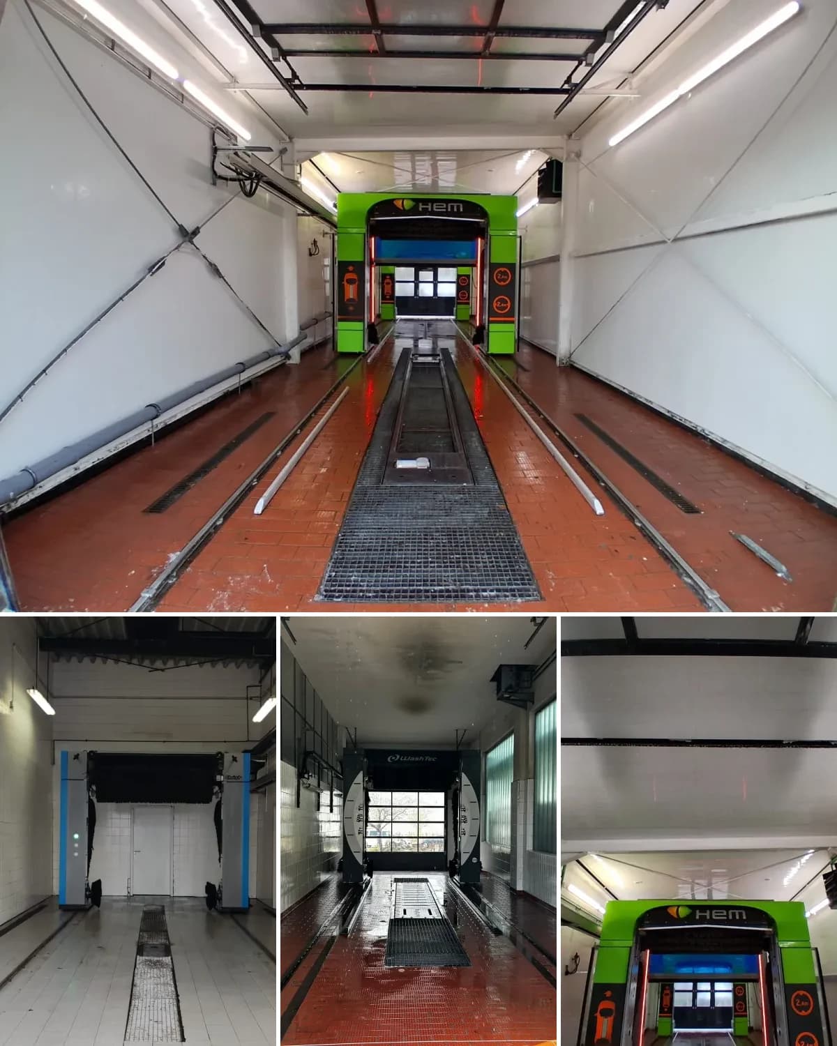 Waschhallenreinigung — Collage aus Hallenansicht, Wänden, Boden und Decke an einer Waschanlage